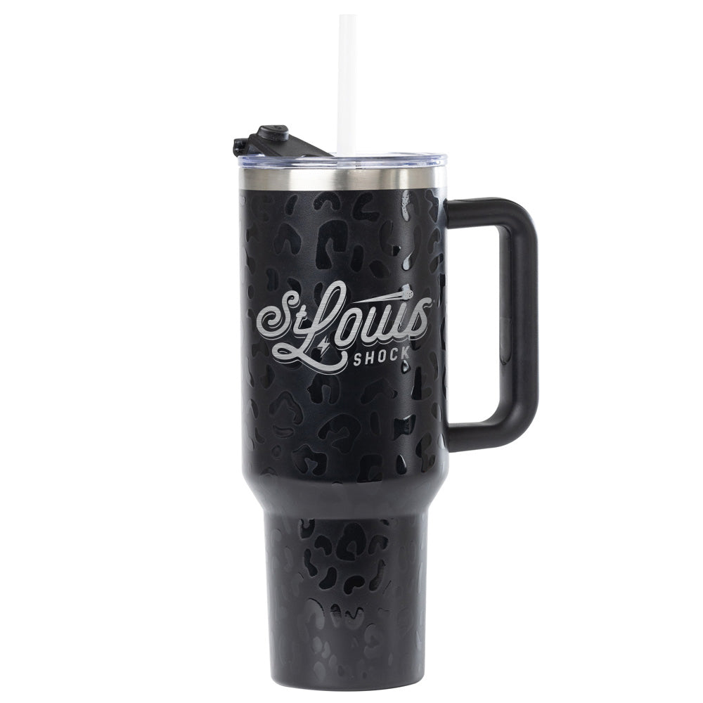 40oz Tumbler with Handle and Straw Lid, Black Sand Leopard, Direct Print, St. Louis Shock Vintage Logo
