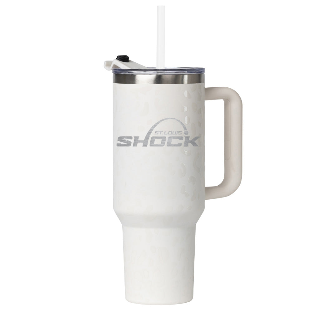 40oz Tumbler with Handle and Straw Lid, White Sand Leopard, Direct Print, St. Louis Shock Primary Logo